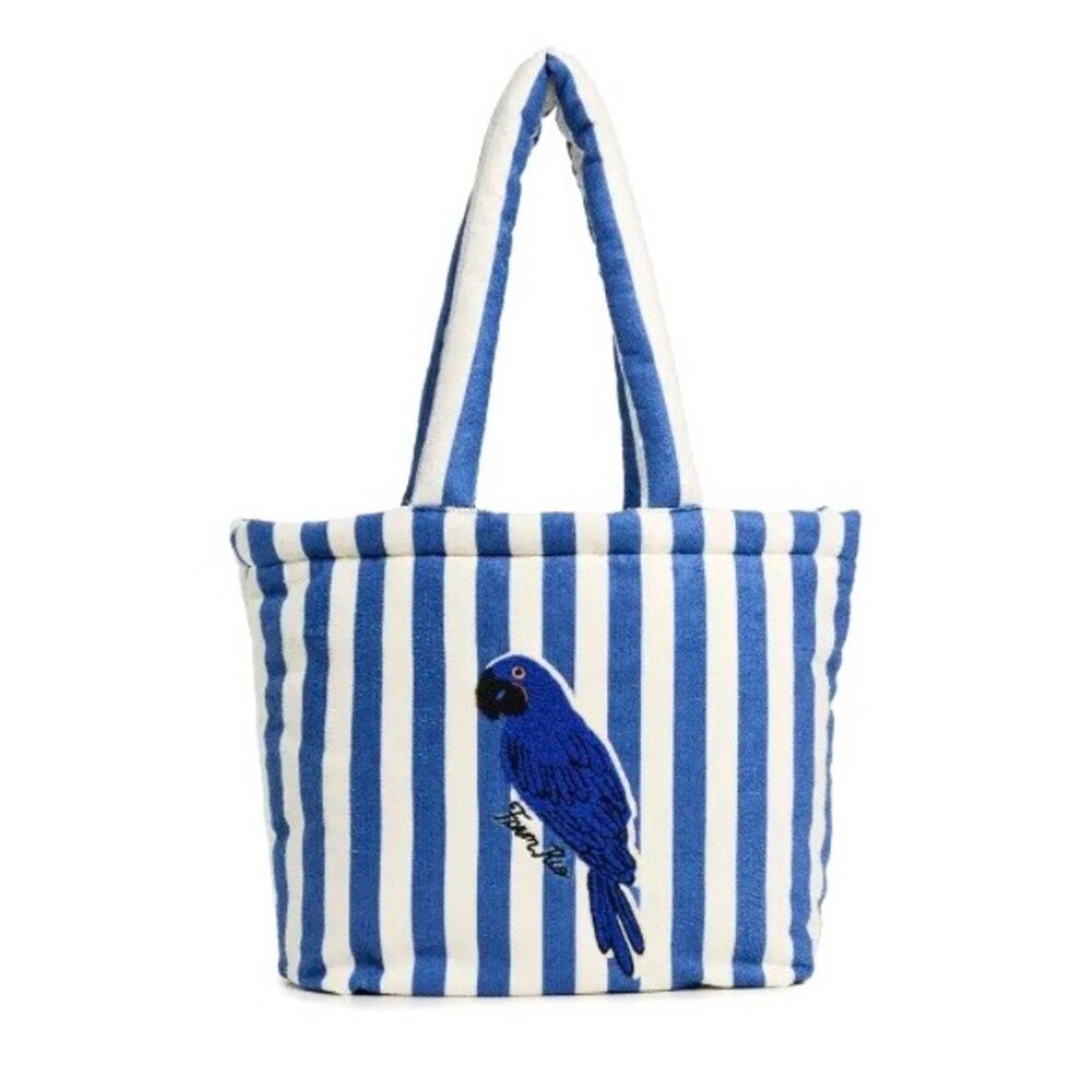 NEW FARM Rio Blue Stripe Macaw Embroidered Tote Bag Cotton 17.75" x 13" x 4"